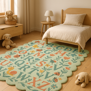 Custom Luxury blue Wool Rug Hand Tufted Abstract Wave Design <b>Carpet</b> alphabetic design for Modern and Minimalist Interiors - Product Image 1
