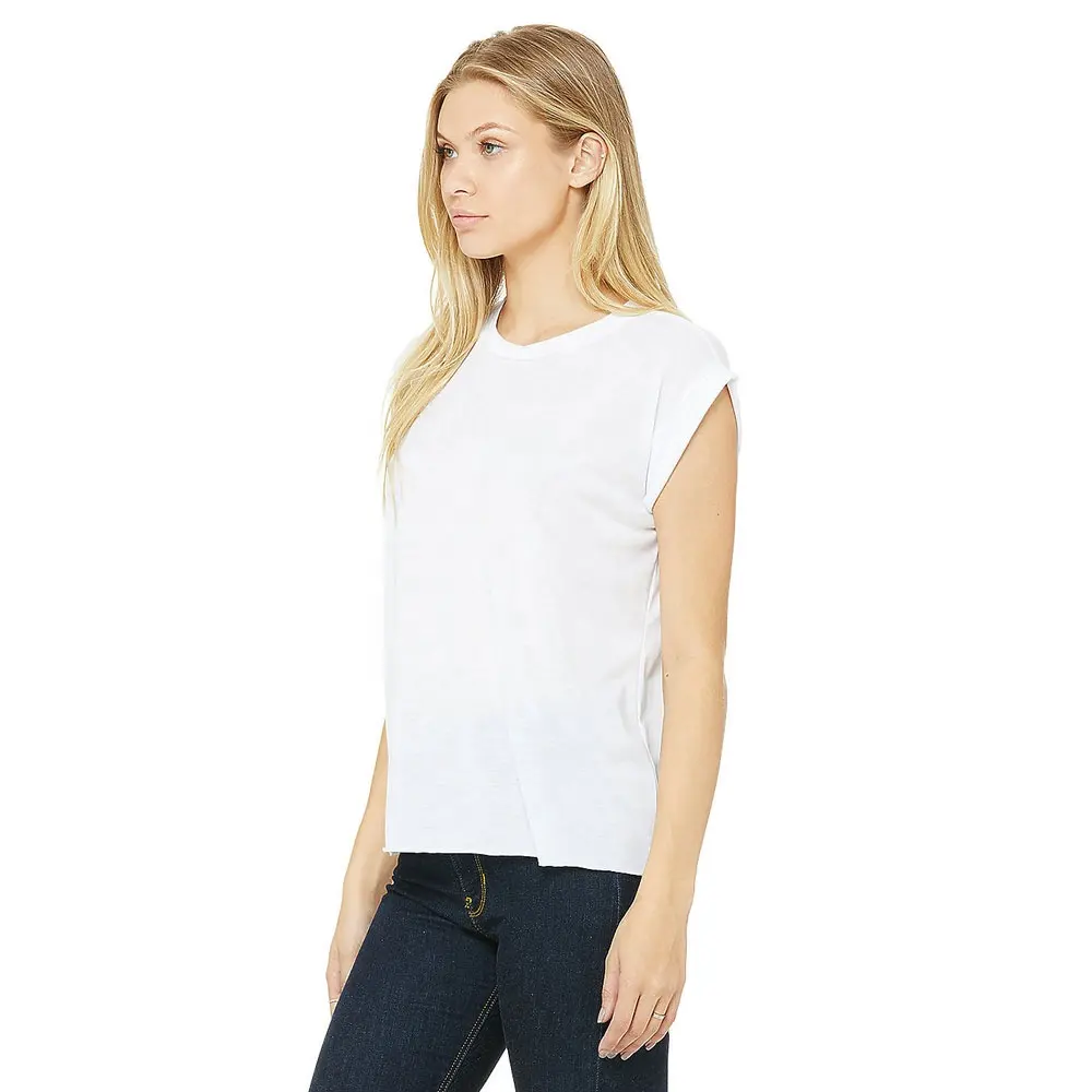 Bella+Canvas Top selling women flowy muscle tee with rolled cuff tee shirt draped fit. Rolled cuff. Hi low raw bottom hem flowy