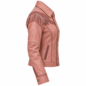Dusty Rose Pink Fringe <b>Womens</b> Real Leather Jacket Western Style Button Up Yoke Trimmed <b>Outerwear</b> Coat Custom B2B Vendor - Product Image 3