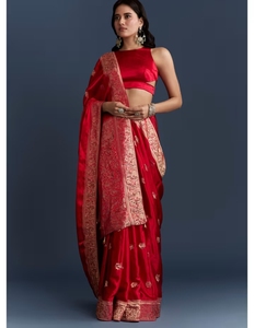 KV <b>Red</b> Satin Woven With Zari Work Saree With Unstitched <b>Blouse</b> - Product Image 1