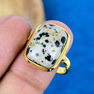 Bagues en pierre précieuse de jaspe dalmatien naturel faites à la main, forme coussin, plaqué or 18 carats sur argent sterling 925 - Product Image 3