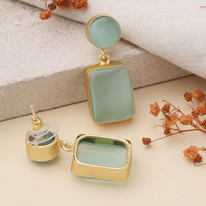 Luxury <b>Green</b> Glass Drop <b>Earrings</b> Handcrafted Gold Plated Brass Minimal Elegant Dangle Jewelry for Women - Product Image 1