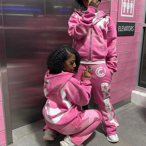 Women's Custom Zip Up Acid Wash Tracksuit Distressed Applique <b>Embroidery</b> Hoodie Flared Sweatpants 2 Piece <b>Set</b> - Product Image 4