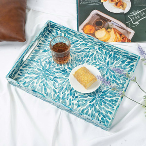 Set of 2 rectangular mother-of-pearl inlaid trays with <b>blue</b> floral patterns, serving trays with handles. - Product Image 4
