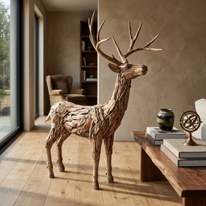 Handcrafted <b>wooden</b> reindeer boy sculpture <b>rustic</b> teak driftwood stag animal statue antlers floor decoration space unit layout - Product Image 2