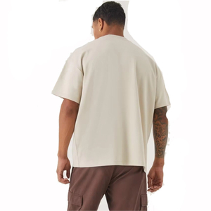 เสื้อยืดคอกลมแขนสั้นทรงโอเวอร์ไซส์สีเบจสำหรับผู้ชาย ผ้าคอตตอนเจอร์ซีย์ถัก 100% สีพื้น ทรงลำลอง ซักแบบแอซิดวอช ระบายอากาศได้ดี - Product Image 3