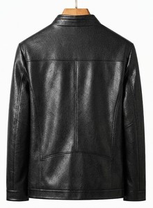 Veste de moto en cuir véritable noir de haute qualité pour homme, col montant, fermeture éclair, coupe ajustée, pour l'automne - Product Image 5