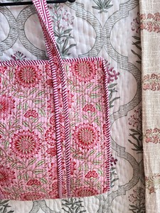 Bolsa de Mano de Algodón Rosa a la Moda con Bordado Floral Azul, Estilo Bohemio, Abierta, para Compras, para Mujer, para Toda Temporada - Product Image 4