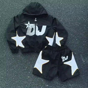 Custom Two Piece Windbreaker Short <b>Jacket</b> Set Patchwork Zip up Nylon Polyester Streetwear Tracksuit <b>Men</b> Windbreaker Short Set - Product Image 3