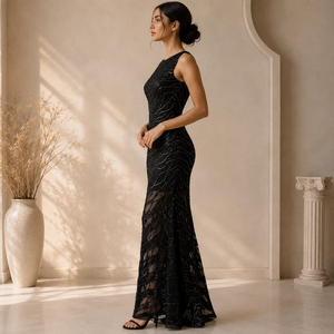 Women Black Beaded Sheer Mesh Maxi Dress Sleeveless Round Neck <b>Sequin</b> Evening Gown Elegant Formal Party Wedding Prom Occasion - Product Image 3