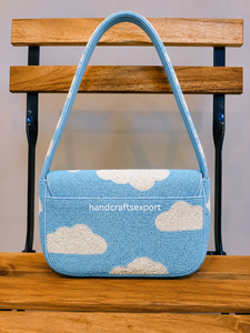 Sac à bandoulière artisanal de luxe, écologique, léger, robuste et sûr, motif nuage bleu ciel perlé |   Sac à main de créateur pour femmes | - Product Image 2