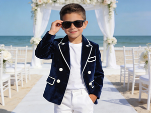 Costume de blazer croisé en velours bleu marine pour garçons, idéal pour les mariages, les cérémonies de plage et les événements formels - Product Image 2