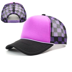 Unisex 6-Panel Snapback Cap Checkered Mesh <b>Purple</b> Green Black Casual <b>Hat</b> for Adults Spring Summer Wear - Product Image 4