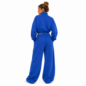 Oversized Relaxed Sporty Mock Neck <b>Cropped</b> Sweatshirt Tracksuit Custom Varsity Letter Heavyweight Fleece Blue Hoodies <b>Joggers</b> - Product Image 2