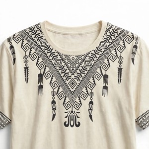 Custom <b>Cream</b> Black Tribal Necklace Print <b>T</b>-<b>Shirt</b> Men's Streetwear Cotton Jersey Tee Geometric Art OEM Factory Wholesale - Product Image 4