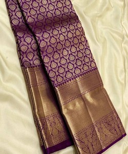 Purple Silk <b>Saree</b> with Gold Floral Pattern Traditional Indian Wedding Wear Banarasi Style for Women - Product Image 1