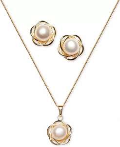 2-Pc. Ensemble de perles d'eau douce de culture (7mm) Collier pendentif fleur et clous d'oreilles assortis en argent sterling plaqué or 18 carats ou - Product Image 1