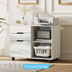 Meuble de rangement roulant à 3 tiroirs avec roulettes, support d'imprimante en bois blanc avec étagères ouvertes pour bureau à domicile - Product Image 5