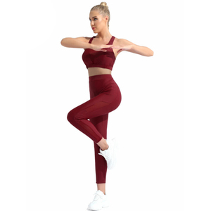 Luxury <b>Women's</b> 2-Piece Activewear Set Seamless Yoga Leggings with <b>Mesh</b> Solid Design Elastic Waist Front Logo - Product Image 4
