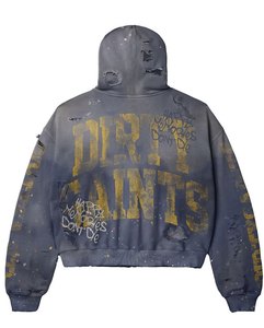 Custom Men Winter Casual 100% Cotton Breathable Acid Wash Print Rhinestone Cropped Hoodie and Flared Sweatpants Tracksuit <b>Set</b> - Product Image 3