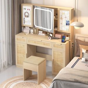Large LED Lighted Mirror Vanity Table Set with 2 DIY Pegboards 5 Hooks Vanity Desk Charging Station for <b>Dressing</b> and Makeup - Product Image 2