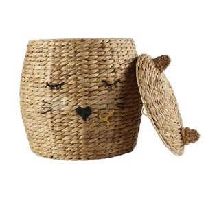 Cat Shaped Water Hyacinth Storage <b>Bin</b> Woven Kids Toy Organizer Hamper with <b>Covered</b> Lid - Product Image 2