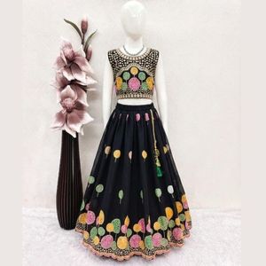 Black And White Multi Embroidery Work Georgette Full Stitched Designer Flared Lehenga Choli Set with <b>Net</b> <b>Dupatta</b> For Party Wear - Product Image 3