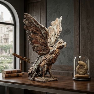Handcrafted <b>wooden</b> eagle sculpture <b>rustic</b> teak driftwood bird animal statue wings spread floor accent decoration unit setup nows - Product Image 2