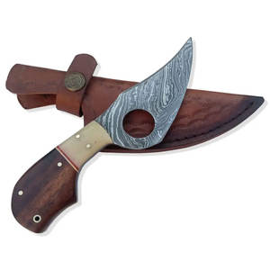 Couteau de chasse en acier de Damas, lame personnalisée faite à la main, couteau de survie pour le camping en plein air avec étui en cuir - Product Image 1