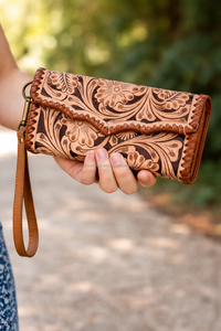 Cartera de Mano de Cuero Genuino Hecha a Mano de Primera Calidad para Mujer, Nuevo Diseño Floral, Correa para la Muñeca, Gran Capacidad, Tarjetero y Monedero - Product Image 4