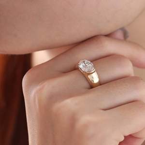 2.5ct Oval <b>Step</b> Cut Lab Grown Diamond Ring 14K Yellow Gold <b>Half</b> Bezel Set Engagement Ring Tapered Wide Band Lab Created Diamond - Product Image 4