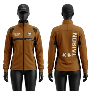 Womens Rugby Training Jacket 320 GSM Poly Cotton <b>Fleece</b> <b>Brown</b> Navy Contrast Panel Embroidery Custom Logo Athletic Fit Wear - Product Image 3