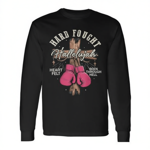 T-shirt à manches longues Hard Fought Hallelujah, motif de boxe chrétienne, gants roses, croix, déclaration de foi, vêtements unisexes pour adultes - Product Image 2