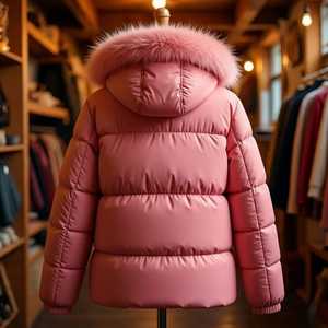 Veste matelassée rose avec capuche à bordure en fourrure, fermeture éclair sur toute la longueur des manches, coupe-vent d'hiver, rembourrage épais en polyester, manteau pour femme - Product Image 5