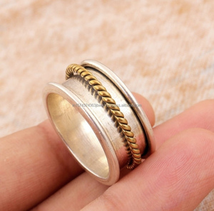 Wholesale 925 Sterling Silver Two-Tone <b>Spinner</b> <b>Ring</b> Bezel Setting Anxiety Meditation Fidget Band for Wedding Engagement Classic - Product Image 1