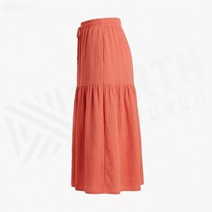 Jupe midi évasée corail pour femme, taille élastique avec cordon de serrage, décontractée, été, couleur unie, mélange viscose et coton - Product Image 3
