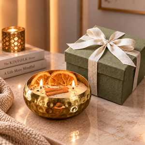 Bougie parfumée artisanale vintage en laiton martelé avec cannelle et orange séchée - Product Image 2