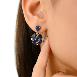 Boucles d'oreilles pendantes en saphir bleu et diamant 100% authentiques, pierre de naissance de septembre, pour femmes, en or blanc véritable 14 carats, bijoux fins - Product Image 6