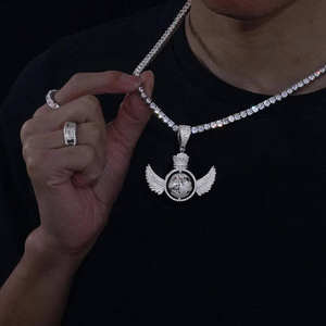 Pendentif en argent sterling 925 avec moissanite, style punk sauvage tendance, collier aile mondiale rotative pour hommes et femmes, personnalisable - Product Image 4