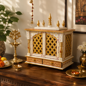 Temple hindou artisanal en bois blanc et doré, décoration intérieure par The D.N.A Group, élégante décoration de salon, armoire de prière avec porte. - Product Image 2