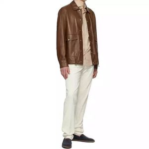 Veste en cuir PU marron personnalisée NESTA SPORTS pour hommes, style vintage avec boutons et poches, col rabattu, style gentleman. - Product Image 4
