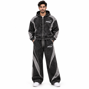 Rits Men's Washed <b>Polyester</b> <b>Tracksuit</b> Hooded Full Zip Color Blocking Loose Fit Casual Autumn Sportswear with Side Pockets - Product Image 2