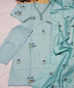 Conjunto de Top y Pantalón de Algodón con Bordado de Estilo Elegante y Dupatta, Ropa Festiva, Precio al por Mayor, Prenda Étnica, Color Azul Cielo Multicolor, Secado Rápido - Product Image 3