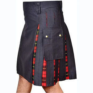 Kilt negro para hombre con paneles laterales de tartán rojo, falda plisada tradicional escocesa, estilo gótico punk moderno - Product Image 2
