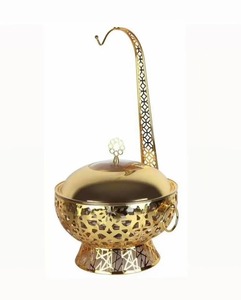 Plat à chafing dish rond en métal doré Gulf avec couvercle et poignée décorative, style oriental, finition polie - Product Image 3