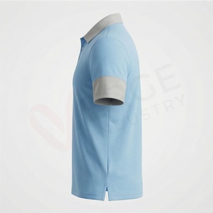 Polo à manches courtes bleu clair pour homme, tricot uni, coupe décontractée, col et poignets gris - Product Image 3