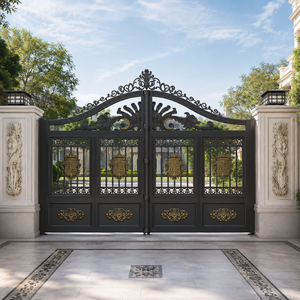 Puerta doble de hierro forjado negro de lujo con adornos dorados en forma de cresta, arcos decorativos y elegante diseño de entrada con pilares blancos. - Product Image 4