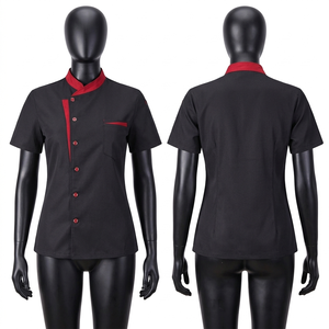 เสื้อเชฟผู้หญิง 220 GSM ผ้าโพลีคอตตอนระบายอากาศ สีดำแดง เสื้อคลุมเชฟ ปักโลโก้ตามสั่ง พิมพ์ลาย ชุดยูนิฟอร์ม - Product Image 1