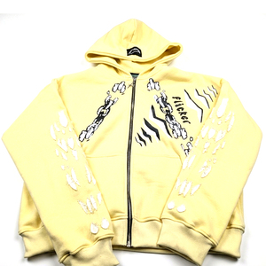 Excellent Fournisseur – Nouveauté : Sweat à Capuche Homme Style Urbain Jaune avec Fermeture Éclair Intégrale, Détails Manches Effet Vieilli et Motif Chaîne – Streetwear - Product Image 1