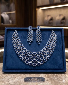 Luxury <b>Silver</b> Plated American Diamond Jewelry Set With Sparkling Blue Oval Stone Layered <b>Choker</b> AD JEWELLERY Set Party Wear Gift - Product Image 1